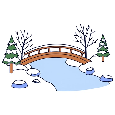 A wooden bridge with a rustic design, covered in a layer of white snow. The bridge spans across a gently flowing creek, which has clear water reflecting the surroundings. The banks of the creek are lined with snow-covered rocks and patches of bare trees, their branches dusted with snow. In the foreground, there are a few pine trees, their evergreen needles also blanketed in snow. The entire scene is tranquil and wintery, creating a peaceful outdoor setting.