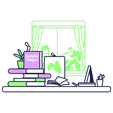 A stack of books is placed next to an artist's desk. The books are titled "Illustration Techniques" and "Artistic Feedback," with intricate designs on their covers. The desk is cluttered with various sketches, showcasing a range of styles and subjects including portraits and landscapes. A few sheets of paper are scattered around, and a sharpened pencil rests on top of one of the sketches. Behind the desk, a small potted plant adds a touch of greenery to the workspace. A window with sheer curtains allows soft light to illuminate the scene.
