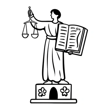 A statue of "Justice" stands tall, depicted with a balanced scale in one hand and a large open book in the other, clearly showing the page with the "5th Amendment" text. The statue is intricately designed, featuring flowing robes that emphasize its authoritative presence. The base of the statue is adorned with ornamental details, reflecting a sense of tradition and importance. The entire scene is set against a simple backdrop, highlighting the statue's prominence in the composition.
