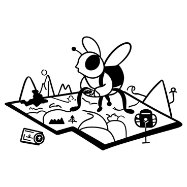 A fly with delicate wings carries a tiny backpack, appearing determined as it prepares for a journey. The fly is standing on a detailed map that spreads out beneath it, showcasing various landmarks and routes. Surrounding the fly are miniature travel essentials, such as a compass and a small camera. In the background, hints of distant mountains and trees can be seen, suggesting the vastness of the adventure ahead. The scene conveys a sense of exploration and curiosity.