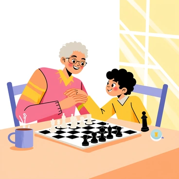 A grandparent, with silver hair and glasses, is sitting at a wooden table, carefully demonstrating how to play chess. The grandparent wears a cozy, colorful sweater. The grandchild, with curly hair and a bright smile, is intently watching, leaning forward in excitement. The chessboard is placed in front of them, featuring black and white pieces arranged for a game. Sunlight streams through a nearby window, casting a warm glow on the scene. A mug of steaming tea rests on the table, adding to the cozy atmosphere.