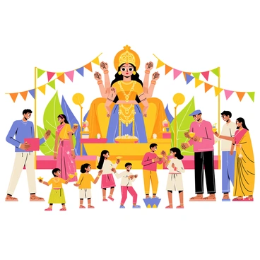 A vibrant scene depicting Bengali families celebrating "Durga Puja" in an outdoor setting. The area is adorned with colorful decorations, including bright banners and intricate floral arrangements. Several families are gathered, with adults wearing traditional "sarees" and "kurta" outfits in vivid colors. Children are playing nearby, some are holding "diyas" (lamps) while others enjoy festive snacks. In the background, a large statue of "Goddess Durga" is prominently displayed, surrounded by candles and flowers. The atmosphere is lively, filled with people participating in joyous activities, dancing, and music.