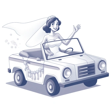 A cartoon bride is sitting in a decorated car. She has a big smile on her face and is waving her right hand enthusiastically. The car is adorned with ribbons and flowers, giving it a festive appearance. The windows are open, allowing the bride's flowing veil to billow in the wind. In the background, there are hints of a lush landscape, suggesting a joyful journey ahead.