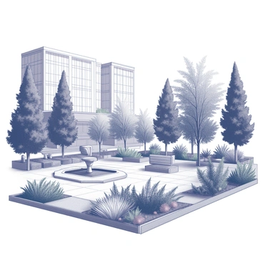 A city plaza featuring a vibrant urban garden. The garden is filled with various types of plants, including tall trees and flowering shrubs. Pathways meander through the greenery, allowing visitors to walk and explore. Benches made of natural materials are placed at intervals, providing spots for relaxation amidst the plants. In one area, a small fountain can be seen, surrounded by ferns and ornamental grasses, adding a sense of tranquility. The surrounding buildings have a sleek, modern design with glass and steel elements, contrasting with the natural beauty of the garden. The scene captures a harmonious blend of nature and urban life.