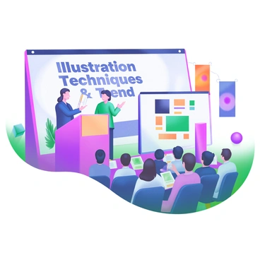 A scene depicting an art symposium on a stage. There are three speakers standing behind a podium, each holding notes and gesturing as they discuss illustration techniques and trends. In the background, large screens display the words "Illustration Techniques & Trends" in bold letters. The audience is seated in rows, with some individuals taking notes and others attentively watching the speakers. Colorful banners related to art and illustration hang on the walls, adding vibrant detail to the setting.