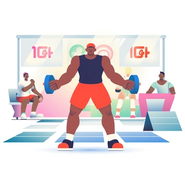 An athlete with dark skin and a determined expression is performing lateral raises in a strength competition setting. They are wearing a fitted black tank top and red shorts, showcasing their muscular physique. The athlete's arms are extended out to the sides, holding two heavy blue dumbbells. In the background, there are other competitors and judges observing the event, with banners displaying the competition's logo. The floor is patterned with mats, and the stage is brightly lit, emphasizing the focused environment of the competition.