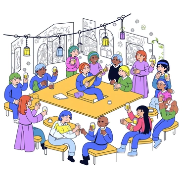 An elven tavern filled with various elves engaging in lively conversations. Wooden tables are scattered throughout the space, with some elves seated while others stand, clinking glasses together. Lanterns of different designs hang from the ceiling, casting a warm glow across the room. A small stage is set up in one corner where a bard plays a lute, surrounded by a captivated audience. The walls are adorned with intricate carvings depicting nature scenes, adding to the enchanting atmosphere.