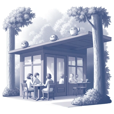 A cozy café nestled in a dense forest, surrounded by tall trees and lush underbrush. The café features wooden beams and large windows that allow glimpses of the vibrant greenery outside. Patrons sit at rustic wooden tables, engaged in lively conversation. Several friendly chouettes perched on the rafters, their round faces and large eyes observing the scene below. The atmosphere is inviting, with soft light filtering through the leaves, casting gentle shadows across the space. Steam rises from cups of warm beverages on the tables, adding to the homely feel of the café.