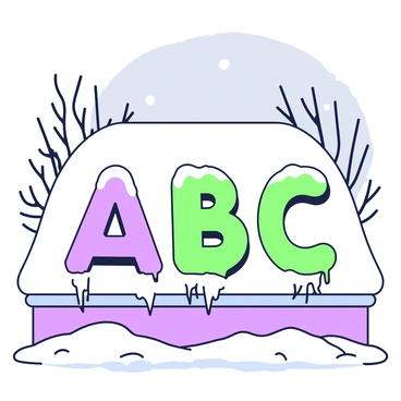 Icicles are forming the letters "A," "B," and "C" as they hang from the edge of a snow-covered roof. The roof is blanketed in a thick layer of white snow, with gentle slopes creating soft mounds. Each icicle is distinct, shaped like the letters they represent, with sharp points and glistening surfaces that catch the light. The surrounding area has patches of snow on the ground, while a few flakes are gently falling from the gray sky above. In the background, you can see the outline of a few bare trees with snow-dusted branches.