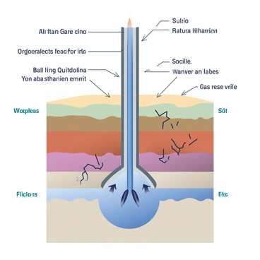 A detailed cross-section view of hydraulic fracturing is depicted, showing layers of soil, rock, and natural gas reservoirs. The diagram includes a vertical wellbore running through the different geological formations. The wellbore is lined with steel casing and cement, and arrows indicate the flow of water, chemicals, and proppants being injected into the rock formations. Surrounding the wellbore, there are fractures in the rock, illustrated as cracks spreading outwards from the well. Additionally, there are labels for each geological layer, including shale, sandstone, and the gas reservoir, providing a clear understanding of the process involved in natural gas extraction.