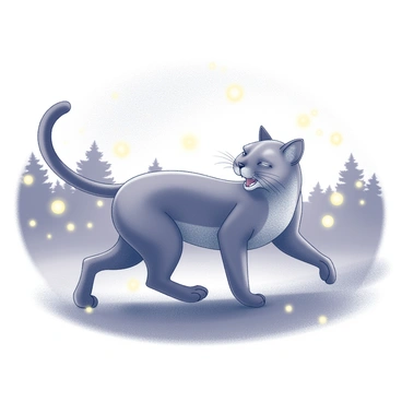 A puma is depicted in a playful stance, with its body slightly crouched and its tail raised, as it chases several fireflies. The scene is set during dusk, with the background showing silhouettes of distant trees under a fading light. The puma's fur is detailed, capturing its powerful physique and agile movements. The fireflies are shown as small glowing orbs, illuminating the area around the puma and creating a sense of movement as they flit through the air. The overall atmosphere is filled with a soft glow emanating from the fireflies, enhancing the whimsy of the scene.