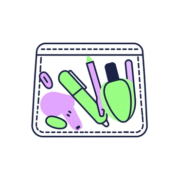 A transparent stationery bag is displayed, showcasing its contents of various writing tools. Inside the bag, there are green and purple pens, a green highlighter, and a purple pencil. Next to these writing tools, there is a purple eraser and a green sharpener. The bag itself has a zipper at the top, and the clear material allows for all contents to be fully visible. The background is simple, emphasizing the stationery bag and its diverse range of tools.