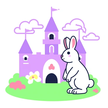 A rabbit is standing on its hind legs in front of a castle. The castle features multiple towers, archways, and flags atop the structures. The rabbit has soft fur, with long ears perked up, and its nose is twitching as it looks curiously toward the castle. Surrounding the scene, there is a grassy area with a few colorful flowers scattered around. In the background, the sky is dotted with fluffy clouds, enhancing the fairytale atmosphere of the setting.