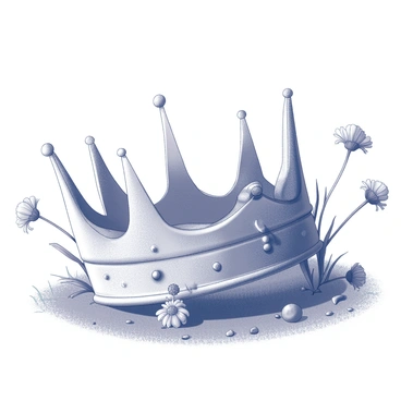A crumpled crown lying on the ground. The crown is made of intricately detailed metalwork, showing signs of wear with small dents and scratches. Surrounding the crown are wildflowers in various stages of bloom, their stems and leaves intermingling with the crown. The wildflowers create a contrast against the metallic surface, with some flowers encroaching upon the crown, while others stand tall nearby. The ground is textured with grass and small pebbles, enhancing the natural setting.