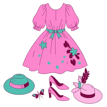 A bright pink dress with oversized puffy sleeves and a flowing skirt is adorned with teal polka dots and large, whimsical floral patterns. The dress is cinched at the waist with a teal ribbon, featuring a bow at the back. A pair of bright pink shoes with playful butterfly embellishments are positioned beneath the dress. Alongside the outfit, there are several oversized accessories, including a teal hat with a wide brim and a playful feather sticking out. The scene captures the essence of a whimsical fashion display, showcasing the imaginative design elements.