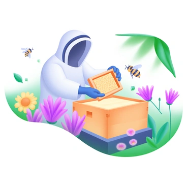A beekeeper wearing a protective suit and a veil is tending to a beehive. The beekeeper holds a wooden frame filled with honeycomb in one hand, examining it closely. Around the hive, an array of colorful wildflowers in various shades of yellow, purple, and pink bloom vibrantly. A few bees can be seen flying around the flowers and the hive, adding a sense of activity to the scene. The sunlight filters through the leaves, casting gentle shadows on the ground.