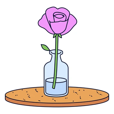 A single pink rose with delicate petals and a long green stem is positioned upright in a small, clear glass vase. The vase is simple and has a smooth surface, reflecting light gently. The wooden table has a warm, natural grain texture, providing a rustic background that contrasts with the softness of the rose and the clarity of the vase.