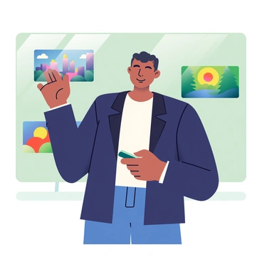 A presenter with light brown skin and short black hair is standing in front of a green screen. They are wearing a navy blue blazer over a white shirt. The presenter is gesturing with their right hand while holding a remote control in their left hand to change the backgrounds. Behind them, various creative backgrounds are displayed, including a vibrant city skyline, a lush forest, and an abstract colorful pattern. The presenter is engaged and looking directly at the camera, creating a dynamic atmosphere for the webinar.