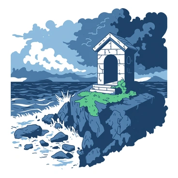 An empty stone tomb is perched on a cliff, overlooking tumultuous stormy seas. The tomb is weathered, with cracks in the stone surface and moss growing in the crevices. Dark, ominous clouds are swirling overhead, creating a dramatic backdrop against the scene. Waves crash against the rocky shore below, sending sprays of water into the air. The atmosphere is filled with tension as the wind whips through the landscape, emphasizing the stark emptiness of the tomb.