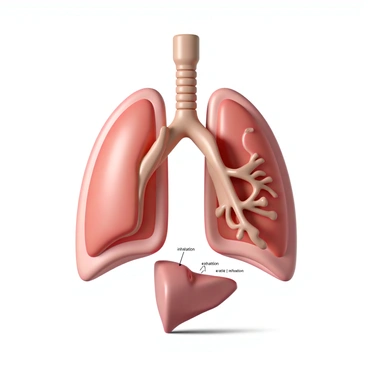 A detailed diagram of a human lung showcasing the process of air compression and expansion during breathing. The lungs are depicted in a semi-transparent view to reveal the internal structure, including the bronchi and alveoli. Arrows indicate the flow of air in and out of the lungs, with labels for "inhalation" and "exhalation" clearly marked. The diaphragm is shown beneath the lungs, illustrated in a contracted position during inhalation and a relaxed position during exhalation. The background is plain to emphasize the lung structure and the breathing process.