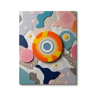 A large canvas featuring a vibrant composition created with "acrylic paint" in bold colors and "ink" in intricate patterns. The artwork includes various "paper elements" such as cutouts and layered textures that add depth and dimension to the surface. The overall design showcases a dynamic interplay between the fluidity of the paint and the structured nature of the paper, creating a visually engaging focal point in the center of the piece.
