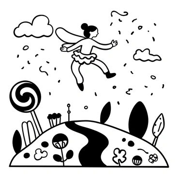 A fairy with candy-striped wings is flying above a landscape filled with various sweets. Below, there are giant lollipops, chocolate rivers, and candy cane trees. The ground is covered in colorful gumdrops and marshmallows. The fairy is surrounded by swirling clouds of sugar sprinkles, creating a whimsical atmosphere.