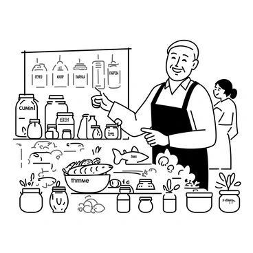 A vendor is standing behind a wooden table filled with various aromatic spices. The spices are displayed in small mason jars, labeled with names such as "cumin," "paprika," and "thyme." The vendor, a middle-aged man with a beard, is smiling and pointing to a bowl of freshly caught fish placed alongside the spices. The background features a market setting with customers browsing nearby stalls. Fresh herbs and citrus fruits are scattered around the table, enhancing the visual appeal of the spice display.