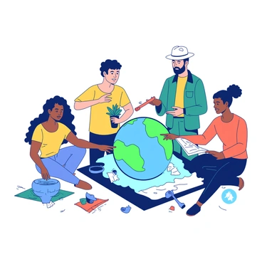 A group of five diverse individuals is gathered around a small model of Earth, which is depicted in vibrant detail. Each person has a unique appearance representing different ethnicities and backgrounds. One person, wearing a yellow shirt, is pointing at a part of the model where pollution is evident. Another individual, dressed in a blue outfit, is holding a small plant, symbolizing renewal and hope. A third person, in a teal jacket, is holding a set of tools, ready to clean up the pollution. The fourth member, wearing a white hat, is discussing plans while examining a map. Lastly, a fifth person, in an orange shirt, is placing a symbol of sustainability, like a recycling sign, at the model's base. The Earth model is surrounded by small images representing pollution, like trash and smoke, which the group is determined to eliminate.