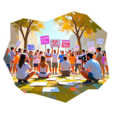 A group of diverse protesters is gathered in a park, passionately holding signs that advocate for "freedom of the press." The signs are colorful and feature bold lettering with various slogans. The protesters include individuals of different ages and ethnicities, all wearing casual clothing. Some are standing, while others are kneeling or sitting on the grass. In the background, tall trees provide shade, and the sun filters through the leaves, casting dappled light on the scene. A few people are engaged in animated discussions, while others are focused on taking photos to document the event. The atmosphere is vibrant and energetic, reflecting the commitment to their cause.