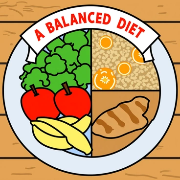 A circular plate divided into four sections. One section contains vibrant green leafy vegetables, such as spinach and lettuce. Another section features various colorful fruits, including red apples, yellow bananas, and orange slices. A third section displays cooked grains, including brown rice and quinoa. The last section shows lean proteins, such as grilled chicken breast and a portion of beans. Above the plate, there is a banner that reads "A Balanced Diet" in bold letters, emphasizing the importance of each food group. The plate sits on a wooden table, enhancing the overall look of the healthy meal.