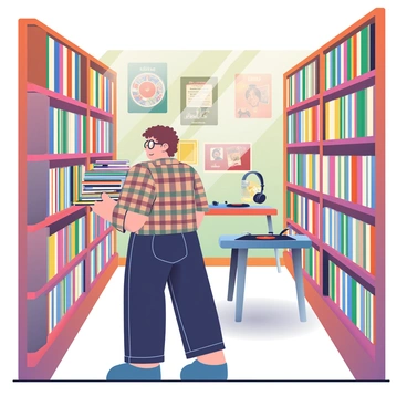 A vintage record store is filled with tall wooden shelves lined with an array of colorful vinyl albums. A merchant with short, curly hair and glasses is standing at one of the shelves, flipping through a stack of old records. He is wearing a plaid shirt with rolled-up sleeves and dark jeans. The store is warmly lit, and there are various vintage posters and album covers on the walls. In the background, there is a small listening station with headphones hanging, and a record player is visible on a table, surrounded by more records. The atmosphere is cozy and nostalgic, filled with the charm of music history.