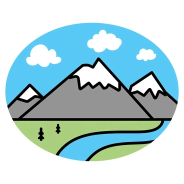 A range of tall, majestic mountains with sharp peaks covered in patches of snow. The mountains are rendered in shades of gray and brown, displaying rugged textures. Above them, a clear blue sky stretches wide, punctuated by fluffy white clouds that float gently. The bottom of the image features a green valley with sparse trees and a winding river reflecting the colors of the sky.
