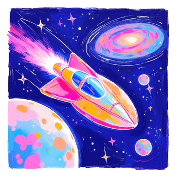 A sleek spaceship with a metallic surface is cruising past the moon. The moon's craters and texture are clearly visible in the foreground. The spaceship emits a soft glow as it moves through the dark expanse of space. In the background, distant galaxies are visible, displaying swirling colors and patterns. Stars twinkle throughout the scene, adding depth to the vastness of the cosmos.