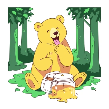 A yellow bear is joyfully licking honey from a white jar. The bear is sitting on its hind legs, with its eyes closed in delight as it enjoys the sweet treat. Surrounding the bear, tall green trees extend upward, while patches of vibrant green grass cover the forest floor. Sunlight filters through the leaves, creating a warm atmosphere around the scene. The jar of honey is held securely in the bear's paws, with droplets of honey glistening as they trickle down the sides of the jar.