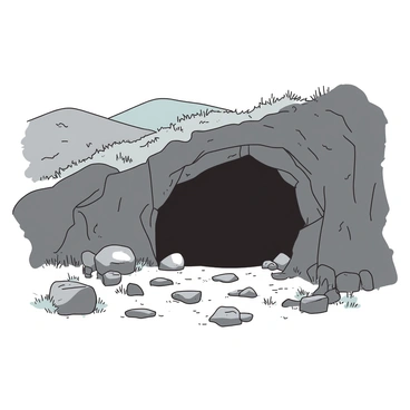 A dark, shadowy cave entrance is nestled among rolling hills near "Bethlehem." The cave's mouth is wide and rugged, with jagged rocks framing the opening that contrasts against the lush, green hillside. Soft light filters down from the sky, illuminating the area around the cave. The ground is uneven, covered with scattered stones and patches of grass, leading up to the cave. In the background, the gentle slopes of the hills rise, creating a serene and secluded atmosphere.