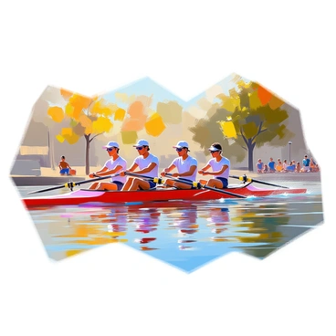 A team of rowers is paddling in perfect synchronization in a sleek racing shell on a river. The shell is long and narrow, colored in bright red with glossy finishes. The rowers have focused expressions, with each wearing matching athletic apparel, consisting of fitted shirts and shorts. The water glistens under the sunlight, creating ripples in front of the shell as it moves smoothly. In the background, trees line the riverbank, their green leaves reflecting in the water. A few spectators can be seen on the shore, watching the race with enthusiasm.