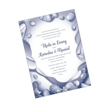 A wedding invitation featuring a tropical theme. The design includes intricate illustrations of various seashells, arranged artistically around the edges of the invitation. At the center, there are stylized ocean waves, gently flowing to create a sense of movement. The text on the invitation is elegantly formatted, providing the details of the event, with decorative elements complementing the tropical theme.