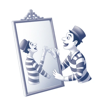 A mime is positioned in a performance space, mimicking the act of looking into a large, ornate mirror. The mime has a playful expression, with exaggerated facial gestures that convey surprise and amusement. Their hands are raised as if touching the glass, creating an illusion of interaction. The mirror reflects the mime's movements, showing a series of amusing expressions and poses. The mime's attire includes a classic black-and-white striped shirt, a black beret, and white gloves, enhancing the theatrical nature of the scene. The background is minimal to keep the focus on the mime and the imaginary reflection.