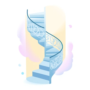An elegant spiral staircase winds upwards, showcasing intricate art nouveau-inspired railings adorned with flowing floral patterns. The steps of the staircase are ornate, featuring detailed carvings and a polished finish that reflects soft light. The staircase is set against a backdrop of creamy walls that complement its design, enhancing the overall elegance of the scene. A subtle gradient of pastel colors fills the space around the staircase, giving it a warm and inviting atmosphere.