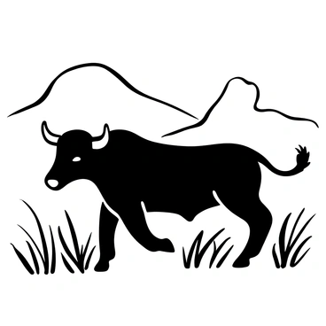 A bull standing in a field, depicted using bold, dynamic brush strokes. The bull is shown with prominent muscles and a strong build, its horns curving outward. Tall grass surrounds the bull, gently swaying in the wind. The background features abstract shapes representing hills and clouds, creating a sense of depth and movement in the scene.