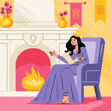 Hera, a regal woman with flowing dark hair and a golden crown, sits elegantly beside a grand marble fireplace. The fireplace is intricately designed, featuring ornate carvings and glowing flames casting a warm light. Hera is positioned on a plush, richly decorated armchair, draped in a luxurious purple gown that flows elegantly around her. She gestures animatedly as she tells stories, with a gentle smile on her face. Surrounding her are various opulent decorations, including golden vases filled with vibrant flowers and tapestries hanging on the rich, textured walls of the palace. A soft, thick rug covers the floor, creating a cozy atmosphere.