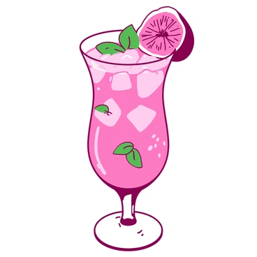 A pink cocktail is served in a tall, elegant glass filled with ice. The cocktail has a vibrant, inviting appearance and is topped with a slice of fresh fig resting on the rim of the glass. A few bright green mint leaves are floating on the surface of the drink, adding a touch of color and freshness. The background is softly blurred, emphasizing the cocktail as the main focus of the image.