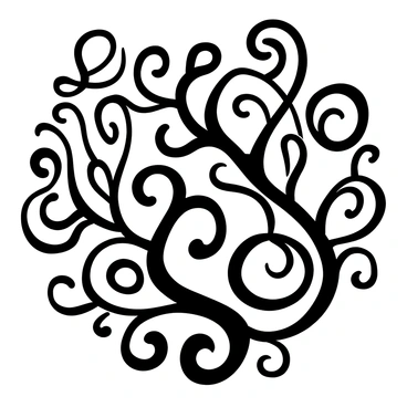 A black-and-white illustration of swirling patterns that resemble fern shapes. The design includes intricate curves and spirals that mimic the natural forms of ferns, creating a dynamic flow throughout the piece. The composition features overlapping patterns that intertwine with one another, forming a complex arrangement. The overall image suggests movement and rhythm, drawing the viewer's eye across the varying shapes and lines.