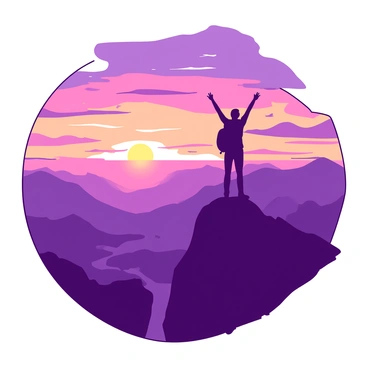 A silhouette of a person is standing triumphantly on a mountain peak, overlooking a vast and expanding horizon. The sky is filled with a vibrant gradient of colors as the sun rises on the far side, casting a warm glow over the landscape. The mountain peak has rugged edges, and the person is wearing a backpack, with their arms raised slightly as if embracing the moment. Below, the valleys and ridges are visible in the distance, and the scene captures the quiet beauty of dawn. The atmosphere is filled with anticipation and wonder as the new day begins.