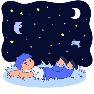 A child lying on a grassy surface, gazing up at a dark night sky filled with numerous stars. The stars twinkle brightly, and various floating constellations are visible, including a large bear and a hunter. Different phases of the moon are scattered throughout the sky, showing a full moon, a crescent moon, and a half moon. The child's expression is peaceful, with closed eyes and a slight smile, as if lost in a dream. A gentle breeze rustles the grass around them.