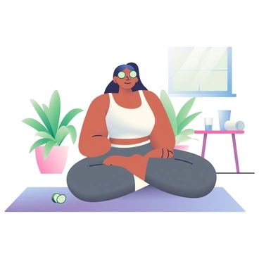 A person with light brown skin is sitting cross-legged on a light purple yoga mat in a peaceful indoor setting. They have long black hair tied back in a ponytail and are wearing a fitted white tank top and dark gray yoga pants. On their eyes are cucumber slices, and they have a relaxed expression on their face. Surrounding them are several green houseplants, adding a touch of nature to the scene. In the background, a small table holds a glass of water and a white towel, contributing to the wellness theme. A soft light is filtering through a nearby window, illuminating the space gently.