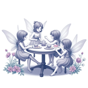 A group of delicate flower fairies is gathered around a small, ornate table set for tea. Each fairy has intricate wings and garments made from petals and leaves. The table is covered with a lace tablecloth and holds an assortment of miniature teacups and a teapot. Surrounding the table, vibrant flowers bloom in abundance, creating a lush garden backdrop. The fairies are engaged in playful conversation, some are holding teacups, while others are reaching for pastries delicately arranged on a platter. The scene is lively and enchanting, filled with a sense of joy and wonder.