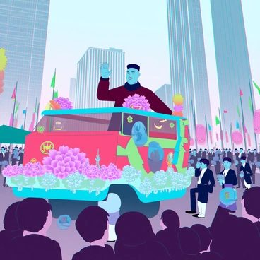 Kim Jong Un with a round face and distinctive haircut is waving from a vibrant float decorated with bright flowers and banners. The float is adorned with colorful designs and symbols, reflecting a festive atmosphere. Surrounding the float, a large crowd of onlookers in formal attire are cheering and taking photographs. In the background, tall buildings and colorful flags create a lively urban setting, enhancing the celebratory mood of the parade.