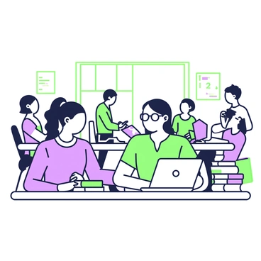 A translator is seated at a desk in a bustling office. She has medium-length hair tied back and is wearing a smart blouse and glasses. On her desk, there is a laptop open with a document displayed on the screen. Surrounding her are several dictionaries stacked on one side, with some open pages visible, and various notes filled with written text scattered across the surface. In the background, there are several coworkers engaged in discussions and working at their own desks, contributing to the busy atmosphere of the office. A large window lets in natural light, illuminating the scene.