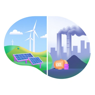 A split illustration featuring two contrasting sections. On the left side, there are wind turbines atop a green hill, surrounded by solar panels reflecting sunlight. A clear blue sky is visible, with fluffy white clouds drifting by. On the right side, there are smokestacks emitting dark smoke against a backdrop of a gray, overcast sky. Oil barrels and a coal heap are placed on the ground, depicting nonrenewable energy sources. A clear dividing line separates the two sections, emphasizing the difference between renewable and nonrenewable energy.